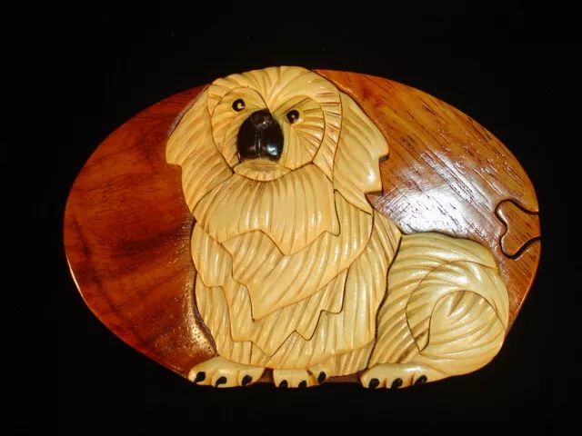 Hand crafted 3D Intarsia Wood Art TIBETAN SPANIEL Dog Puzzle Wooden Box