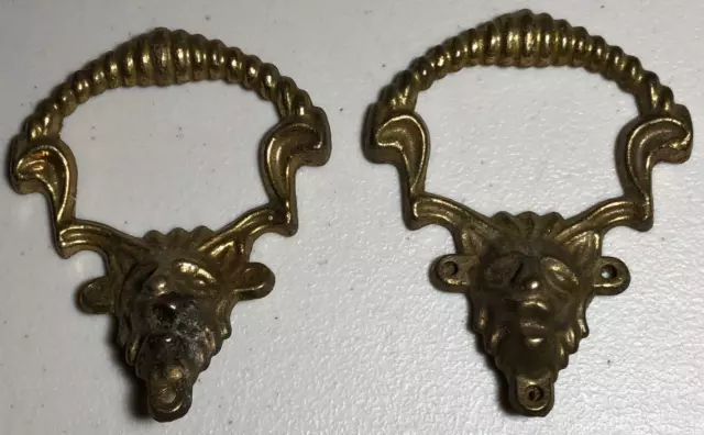 Pair Of Vintage Lions Head Cast Brass Drawer Pulls Handles