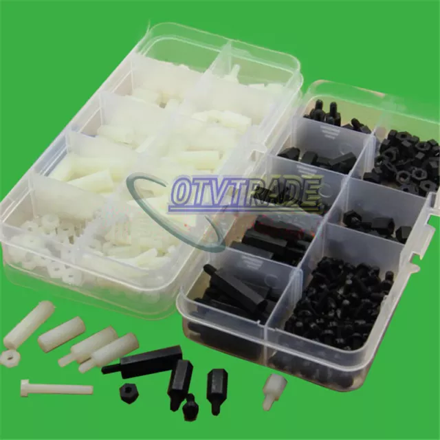 300pcs Nylon Hex M3 Spacers Screw Nut Standoff Kit Box White and Black