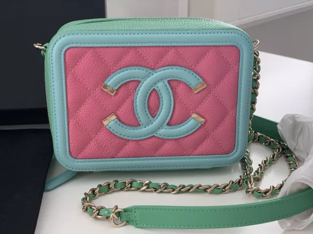 CHANEL Caviar Quilted CC Filigree Vanity Case Pink/Blue/Mint Green NWT