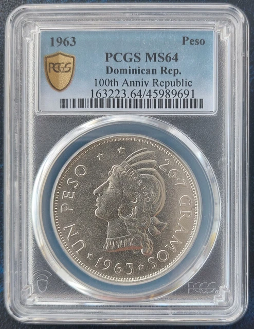 Dominican Republic Silver 1 Peso Unc Coin 1963 Year Km#30 Restoration Pcgs Ms64