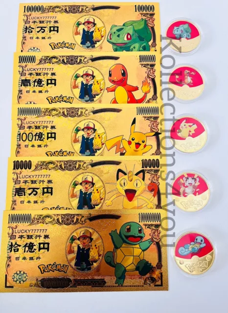 Pokemon Pikachu Placcato Oro da Collezione Monete Plus Appunti Souvenir Full Set