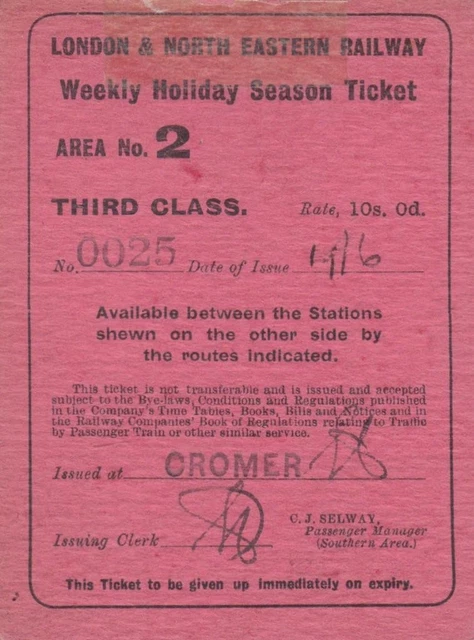 Lner Tickets LNER RAILWAY HOLIDAY SEASON Ticket AREA 2 0025 £1.50 - PicClick UK