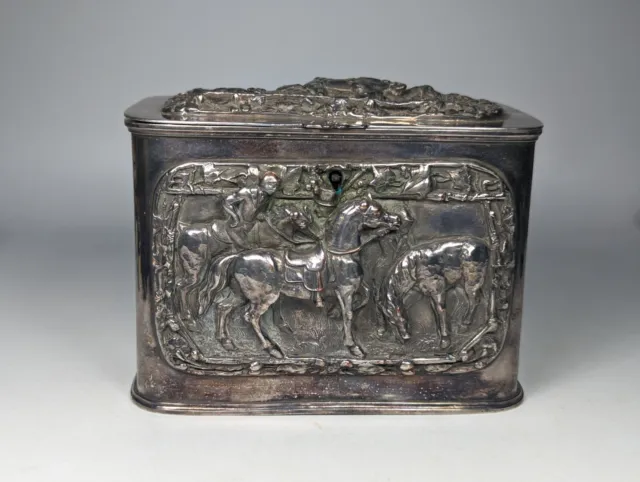 Antique 19th Century Victorian Silver Plated Tea Caddy with Horses & Jockey