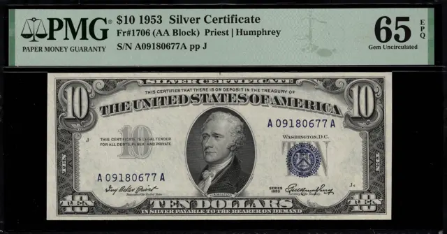 1953 $10 Silver Certificate FR-1706 - Graded PMG 65 EPQ Gem Uncirculated