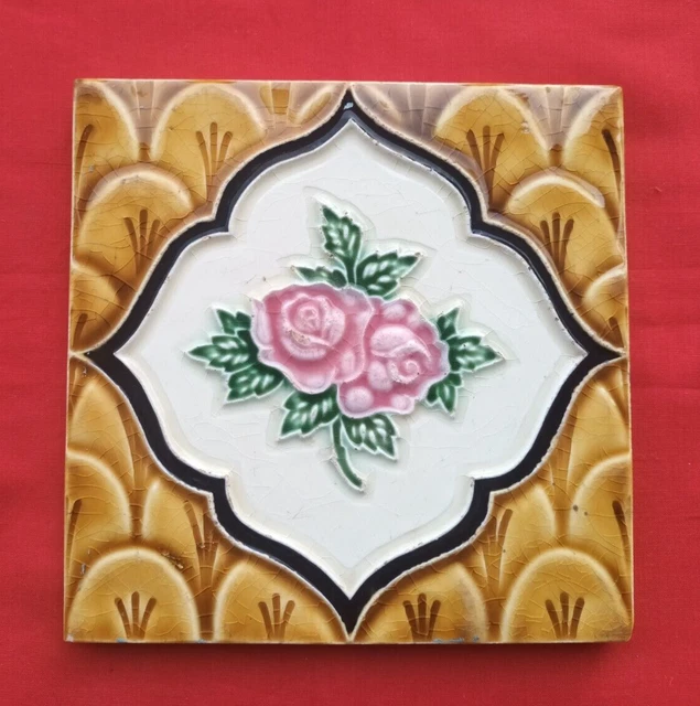 1 Piece Old Art Flower Design Embossed Majolica Ceramic Tiles Japan 0240