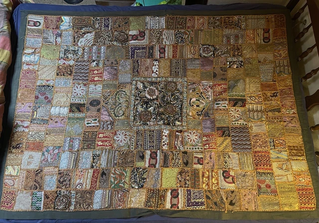 Tenture murale indienne lourde brodée vintage Sari Zari travail tapisserie jetée à la main tapisseries décoratives patchwork perles chemin 60 x 40 po - France