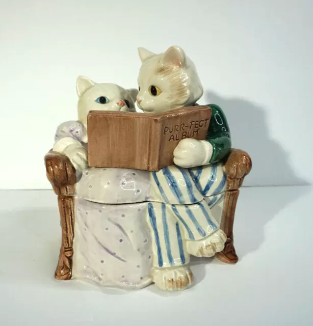 Vintage Fitz and Floyd Cat Couple Porcelain Trinket Box 5"x3"x6"