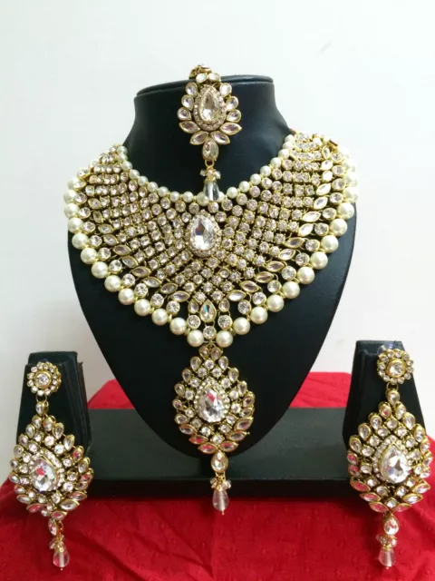 Indian Bollywood Diamante Kundan Pearl Gold Tone Necklace Fashion Jewellery Set