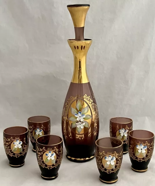 BOHEMIAN CZECH AMETHYST PURPLE DECANTER w 6 SHOT GLASSES SET GOLD HANDPAINTED