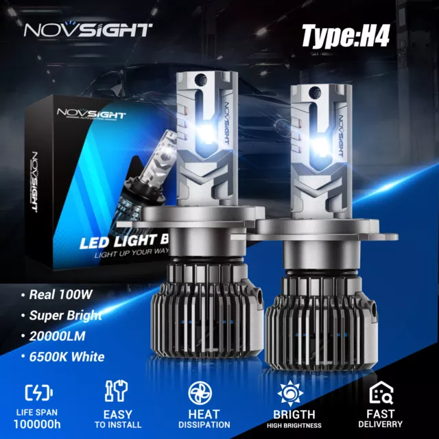 NOVSIGHT H4 LED Headlight Globes Kit Hi/Lo Beam 20000LM 6500K Super Bright White