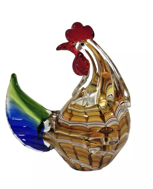 Rooster Art Glass Murano Style Hand Blown Figurine Multi Colored 9 1/4" Tall