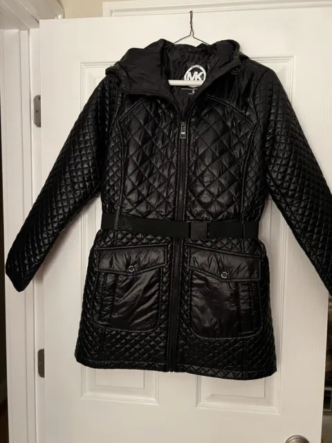 Michael Kors Hooded Belted Quilted Mixed Media Jacket Puffer Coat S Black 79675