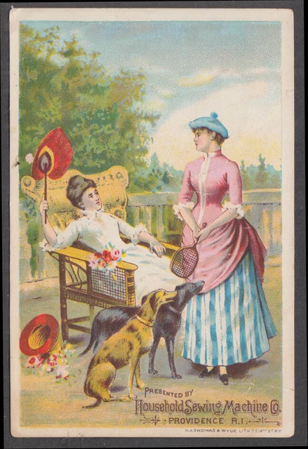 Household Sewing Machine trade card girls tennis salukis feather fan 1880s