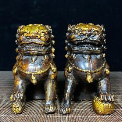 Pair fengshui Old Carve Gilt Foo Fu Dog Door Lion Ball Guardian copper Statue 11
