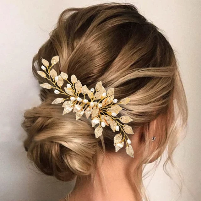 Gold Pearl Leaf Bridal Hair Comb for Wedding