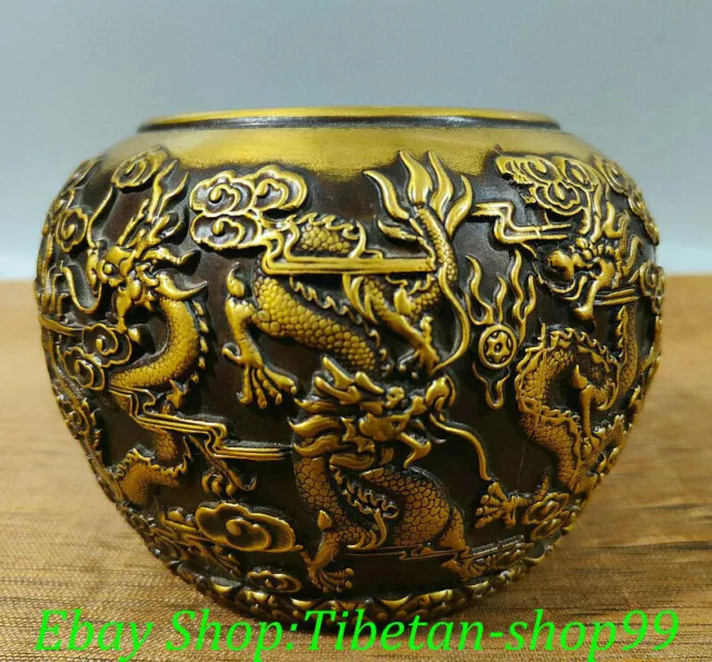 5" Old Chinese Dynasty Qianlong Marked Bronze Dragon Totem Tank Crock Jar Jug