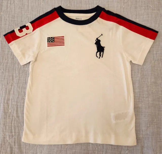Polo Ralph Lauren Boys White T-Shirt with Pony Logo & USA Flag Size 5 BNWT