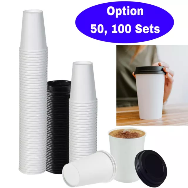 16 oz White Disposable Paper Coffee Cafe Cups & Plastic Dome Lids with Hole