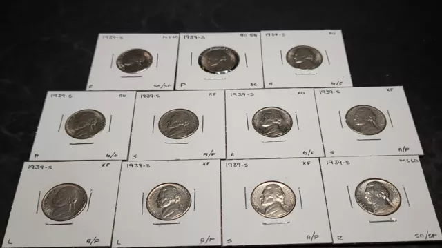 Lot of 11-1939 S Jefferson Nickels 5c XF-BU