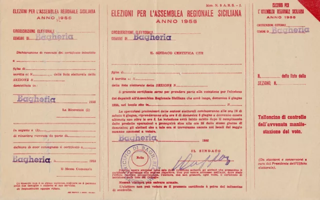 BAGHERIA 1955 certificato elettorale ELEZIONI ASSEMBLEA REGIONALE SICILIANA