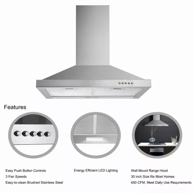 30in Wall Mount Kitchen Range Hood Stainless Steel 450CFM 3-Speed Vent w/LED New