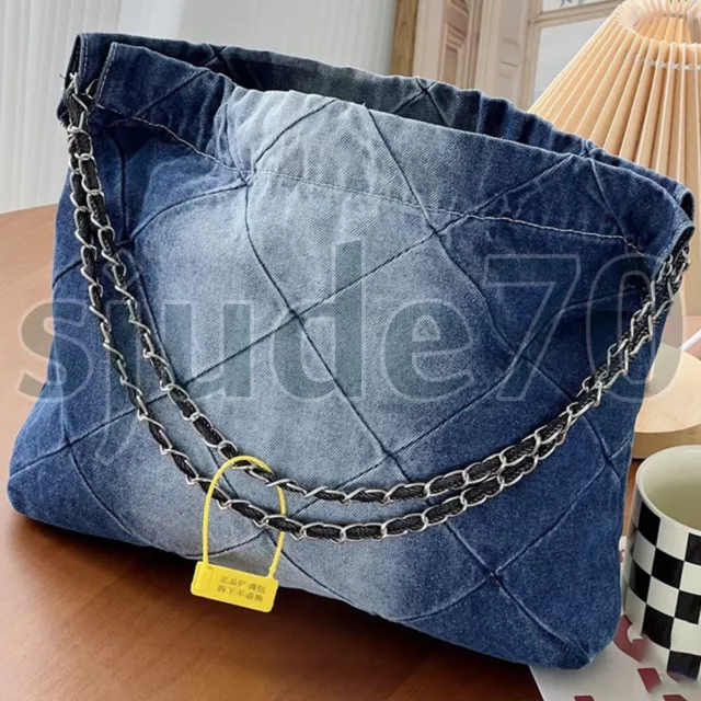 Womens Blue Denim Tote Bag Shoulder Handbags Jean Purse Chain Strap Hobo Shopper