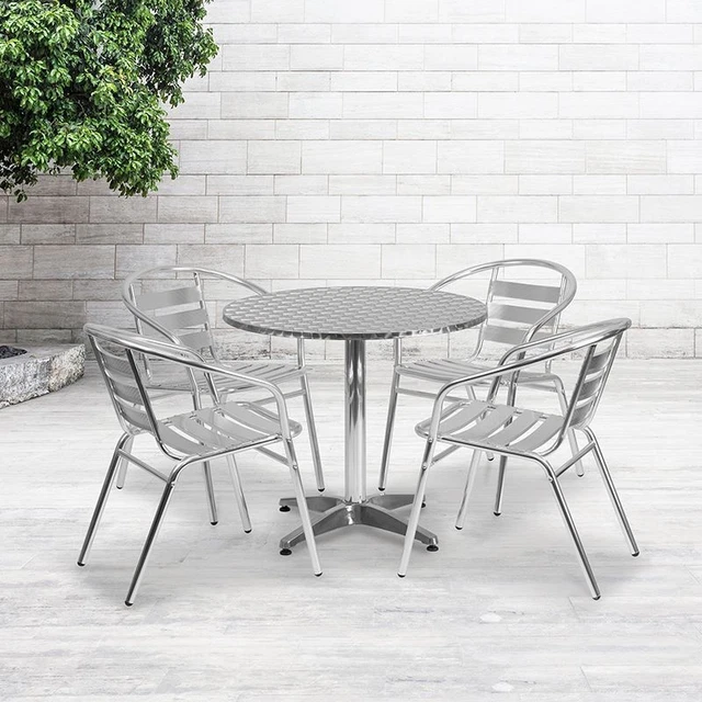 Durable 31.5'' Round Aluminum Indoor/Outdoor Table Set w/4 Slat Back Chairs