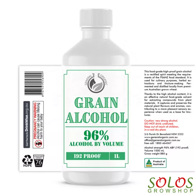 GRAIN ALCOHOL FOOD GRADE ETHANOL 96% ABV 1000ml AUSTRALIAN MADE EVERCLEAR