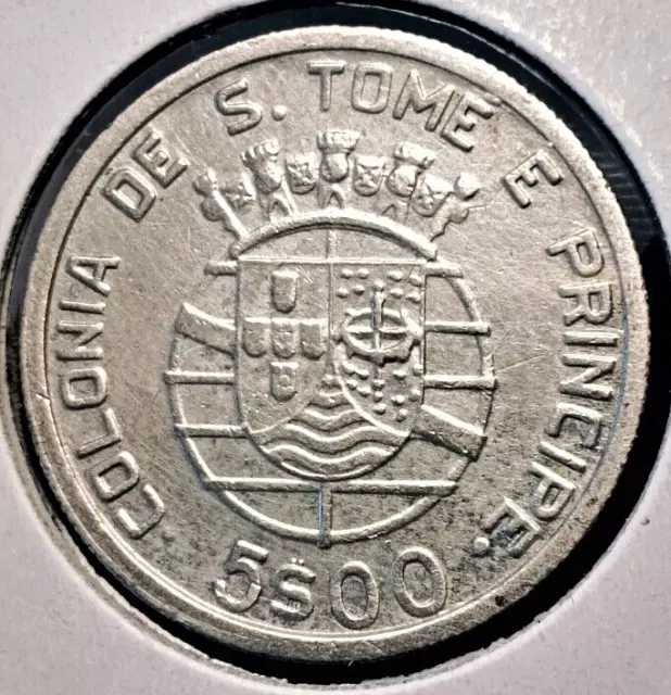 Portuguese Saint Thomas & Prince 5 escudos 1939 coin (SILVER! RARE! 60k minted!)