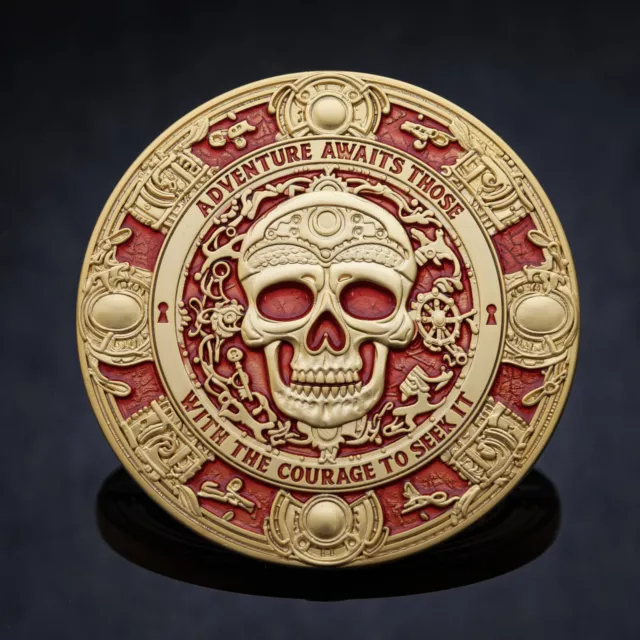 Pirate Treasure Geocoin - LE - Scarlet Scallywag Edition - Satin Gold/Red