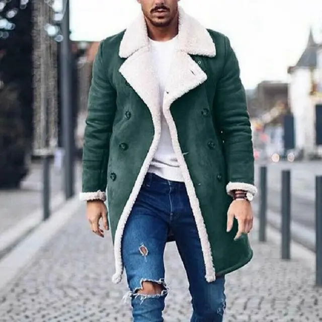 Mens Fleece Fur Lined Lapel Collar Parka Coat Winter Warm Jacket Fashion Outwear