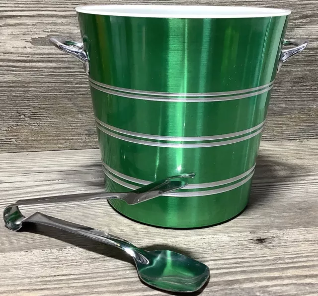 1960s Novo Emerald Green Silver Anodised Aluminium Ice Bucket Insert & Bar Tongs