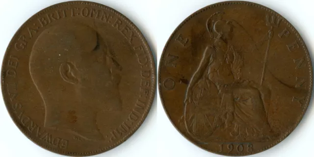 United Kingdom 1908 1 One Penny KM#794 Bronze King Edward VII Britannia Seated
