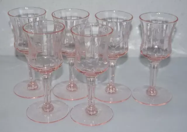 VTG 6 Pink Depression Glass Rib Optic Etched Floral Cordial Shot Glasses 2oz