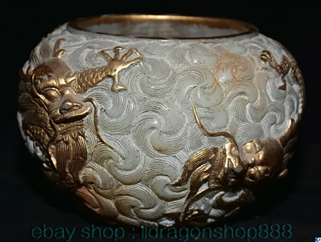 7.2 "vieux jade blanc chinois doré sculpté Fengshui Double Dragon Jar Pot Crock