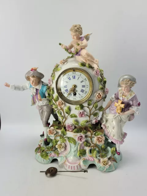 Large Antique Porcelain Dresden German Mantle Clock