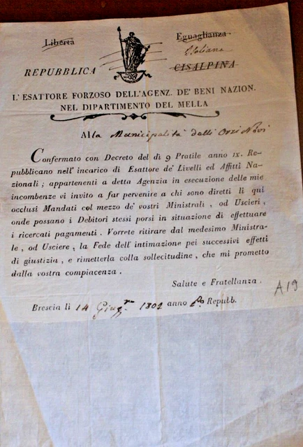 Ll848-Repubblica Cisalpina L'esattore Forzoso Dip. Del Mella-Decreto 14-6-1802