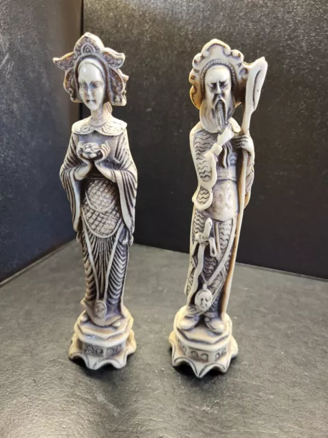 Vtg Chinese Carved Resin Shou Lao & Kwan Yin Buddha Statue Figure Figurines x2