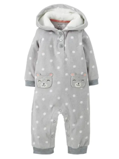 Carters Infant Girls Gray Fleece Polka Dot Teddy Bear Jumpsuit Coverall Outfit