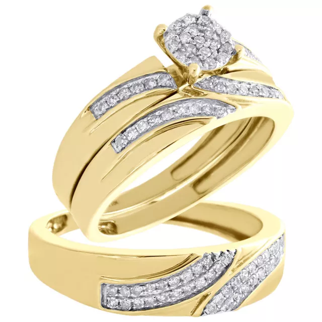 10K Yellow Gold Diamond Trio Set Round Engagement Ring + Wedding Band 0.50 Ct.