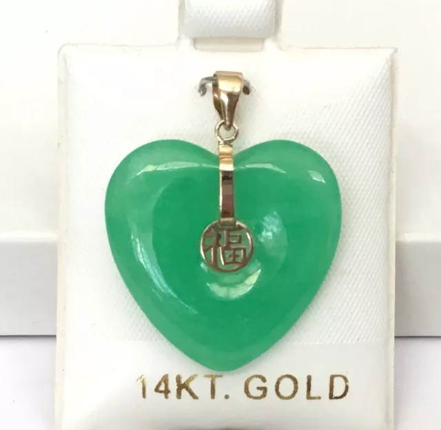 Charming Jade Heart Solid 14K Gold Chinese Character "Good Fortune" Pendants NEW