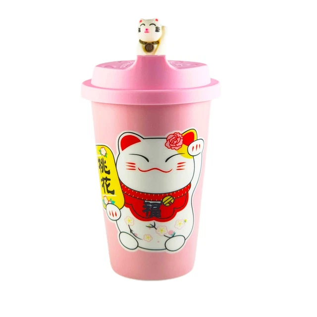 Pink Lucky Cat Maneki Neko Ceramic Tumbler Mug Drink Cup Silicone Travel Lid 7"