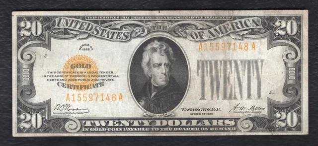 Fr. 2402 1928 $20 Twenty Dollars Gold Certificate Currency Note Very Fine (B)