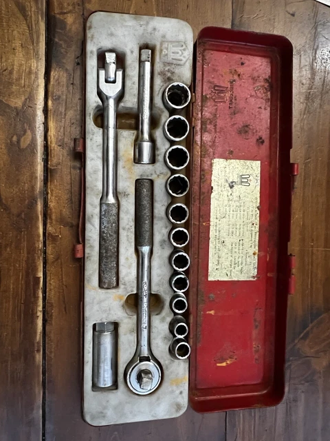 Job Lot Of Old Sockets, Ratchet, Extension Breaker Bars In Red Metal Tool Tin