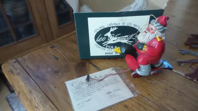 Leo Smith Folk Art CHRISTMAS ORNAMENT Santa Riding Bird