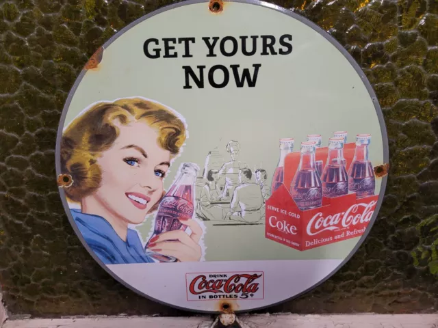 Vintage Coca Cola Porcelain Sign Beverage Advertising Soda Pop Coke Bottle Gas