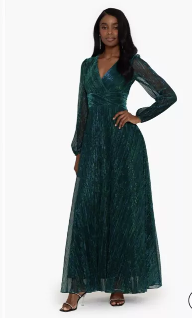 Betsy and Adam Metallic Crinkle Long Sleeve A-Line Gown Dress In Jade Sz 8