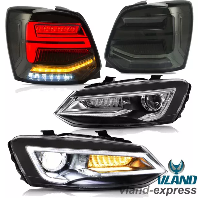 VLAND LED-Front Scheinwerfer + Getönte Rücklichter für 2009–2016 VW Polo MK5 Set