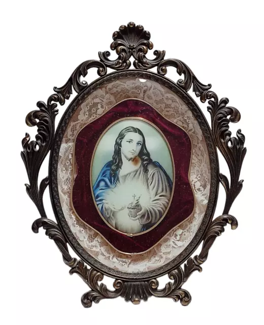 Capoletto Gesu Cristo antico Sacro cuore di Gesù quadro cornice ovale in ottone